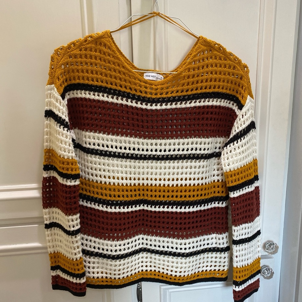 Nine West Women's Knit Sweater - Mustard, Burgundy, Cream hippie boho festival